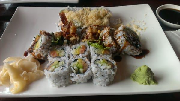 Alaska roll, shrimp tempura, & crunchy roll. Late lunch with the Mrs.