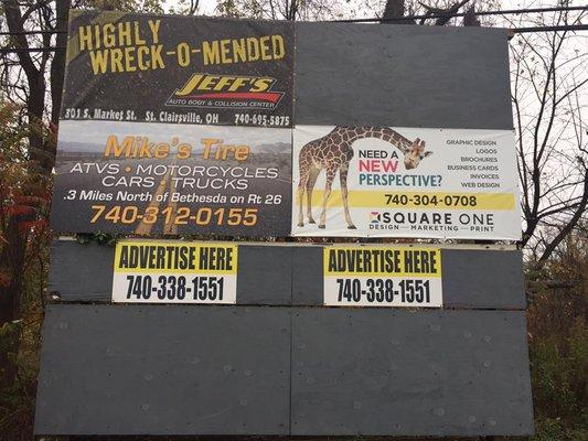 Offer Billboard advertising in two locations.  Call for more info or if you have a location you would like a billboard