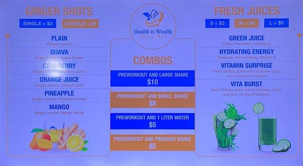 Fresh juice menu