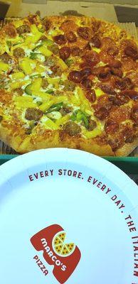 Split pizza - Half Pepperoni and Old World Pepperoni / Half Italian Sausage, Pineapple and Green Peppers.