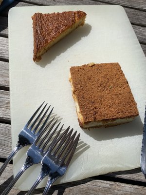 Tarta de elote (sweet corn bread with cheese) and Petate de Leche (graham crumble filled with vanilla custard)