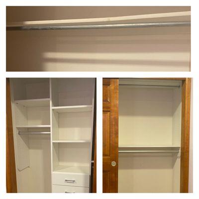 Before and after of my daughter's closet where it was just a single rod across before the installation.