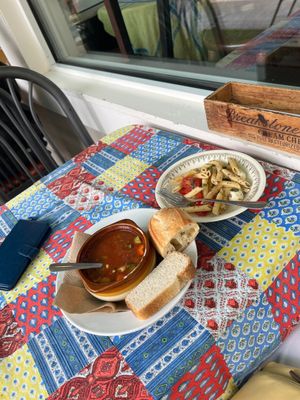 Perfect lunch. Gazpacho and pasta salad.