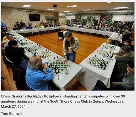 GM Nadya Kosintseva paid us a visit in March, going 33-0 in an almost 4hr simul!