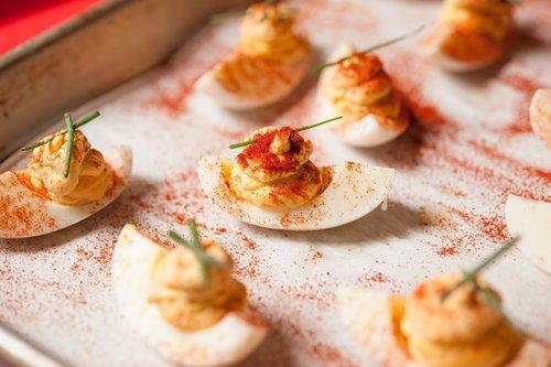 DEVILED FARM EGGS  [VG|GF|DF]
 
 PICKLED MUSTARD SEED. FERMENTED CALABRIAN CHILE