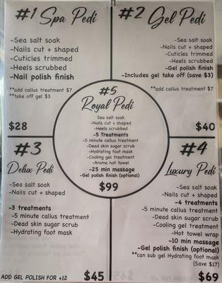 Pedicure services menu (as of 4/14/24).