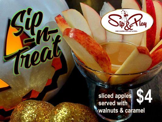 (Seasonal) Sip~n~Treat ! Stop in for a fall treat...sliced apples, walnuts and caramel dipping! Try pairing with our Harvest Smash slushie