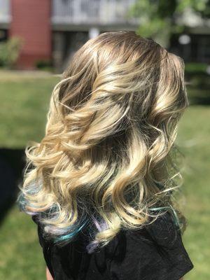 Blonde weave with vivid colors underneath