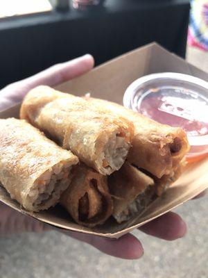 Lumpias, and harissa chicken.