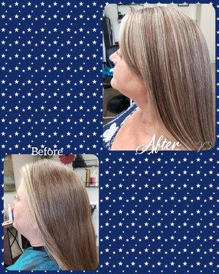 Lovely before & after, blending her natural gray throughout her hair for a dimensional, hilited effect  #theartofhairnc