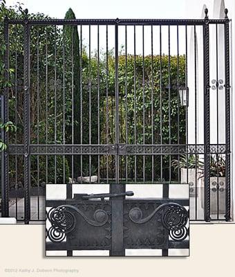 Ornamental iron gate, with detail of custom made handle hardware.