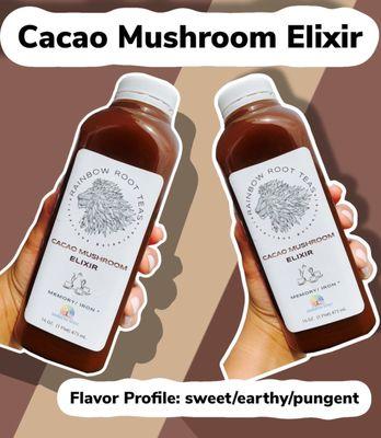 acao Mushroom Elixir
 Ingredients: Alkaline water, Cacao, Reishi, Maitake, Cordyceps, Turkey Tail,Shiitake, Chaga,