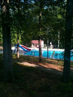 View of the pool from inside the dining hall.