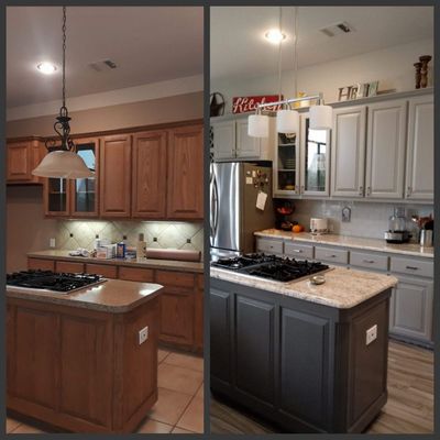 Kitchen cabinets primed and painted