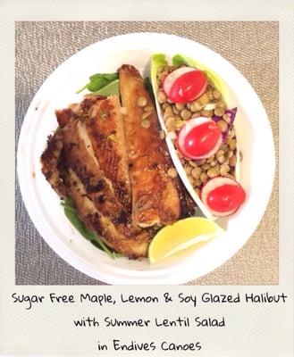 Sugar Free Maple, Lemon and Soy Glazed Halibut with Fresh Summer Lentil Salad in Endives Canoes