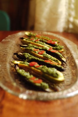 Mustard Green and arugula pesto on roasted eggplant and squash