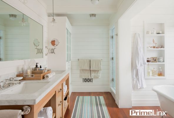 Shiplap walls in this beautiful bathroom