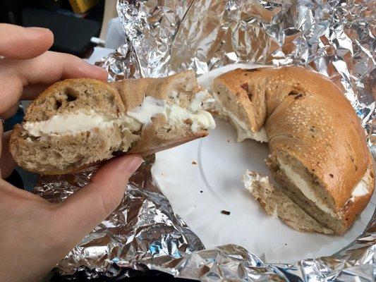 Toasted cinnamon raisin bagel w/ cream cheese. Very soft and fresh!