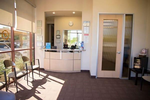 With a clean, contemporary atmosphere inspired by San Francisco modern design, this is our reception area.  Welcome!