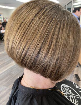 Precision Blunt Bob
 Caramel highlights on chocolate brown