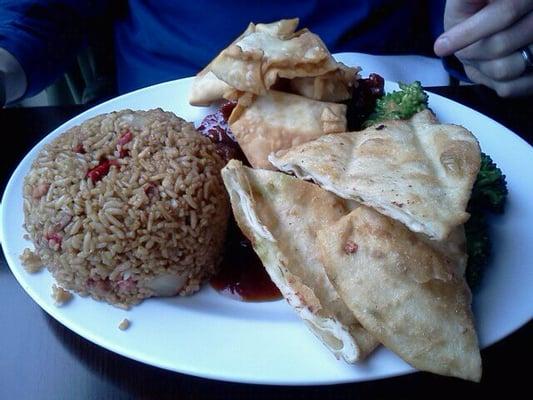 Orange Beef Dinner Combination with Scallions pancake and Crab Rangoon