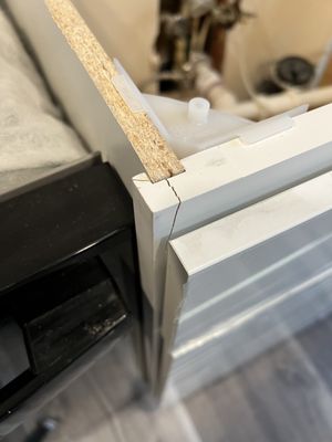 Cracked sink cabinet that was being installed, until my husband came up and seen the crack.