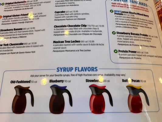 Syrup flavors (without HFCS), gluten free pancakes and high protein pancakes all available