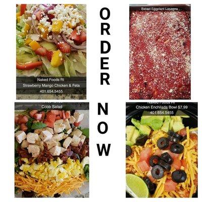 Cobb Salad, Chicken Encilida, Strawberry Mango Chicken and Feta Salad