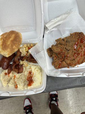 Breakfast Plate: Sausage, Eggs, Bacon, Grits and Biscuit... Plus a Pork Chop!