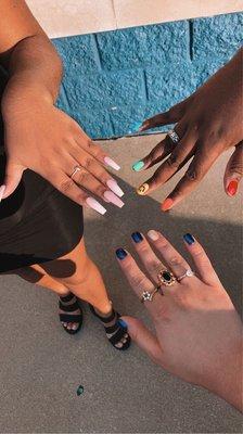 Pink and White Acrylic Set, Blue Gel manicure, and Rainbow Gel set