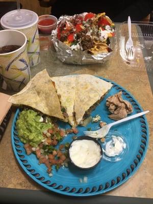 Beef quesadilla and nachos