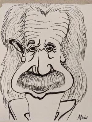 Einstein. Black and white caricature. Ink on paper, 2019.