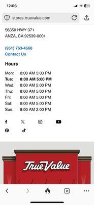 Hours on their website