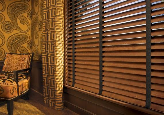 Stained horizontal wood blinds with decorative tapes