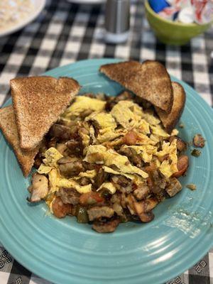 Hoopy Scramble with sausage & wheat toast