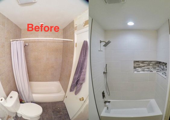 Before and After of a hall bath remodel. Rain head shower system and corner shower niche.