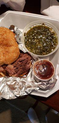 Beef brisket sandwich w/spicy BBQ sauce & collards