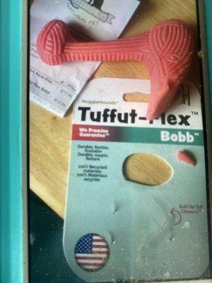 Pink piece chewed off toy under "tuff flex Bobb"