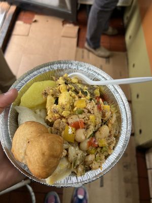 Smoked herring & ackee, with saltfish and broad beans. Fried dumpling, yellow yam, sweet potato and boiled dumpling too.