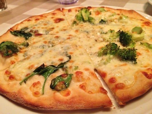 Small white pizza half broccoli and half spinach. It was delicious.