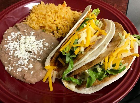 Double Deckers Tacos w/Side of Rice & Beans