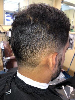 Low taper/fade using clippers with 1/2 guard and shear work on top