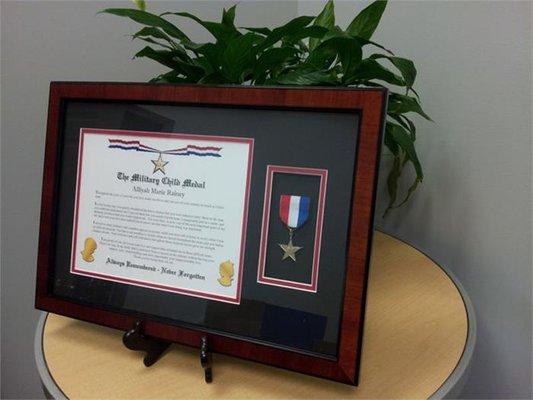 Framed Military Child Medal and Certificate