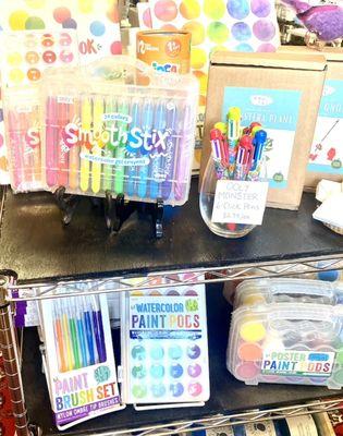 Watercolor gel crayons, paint brush sets, poster and watercolor paint pods, Ooly Monster  click pens.