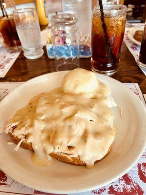 Open-faced hot turkey sandwich with mashed potatoes & gravy...