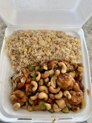 Cashew Shrimp with fried rice take out lunch.  Also included soup & vegetable egg roll.