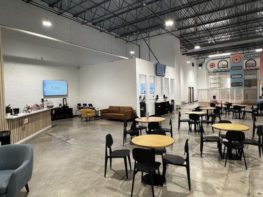 Wide angle view of cafe and front entrance