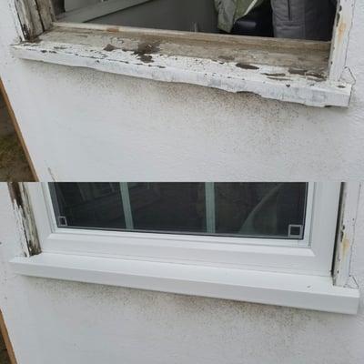 The vinyl sill wrapping makes our windows look great.   Top: Before Bottom: After