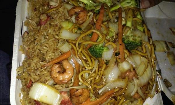 Shrimp lo mein lunch special with pork fried rice