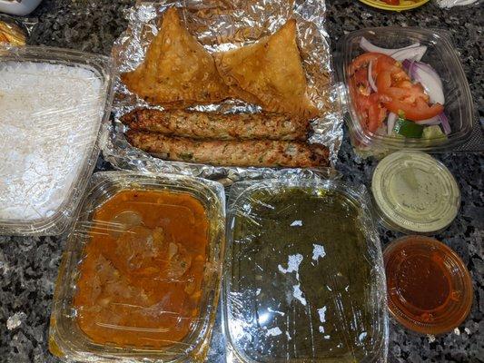 Chix Samosas, Chix Shish Kebabs, Aloo Goat and Saag